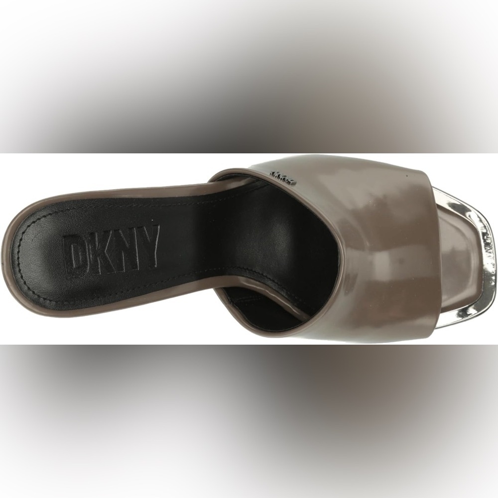 DKNY Taupe Patent Leather Square Toe Stiletto Mules Metallic Detail High Heels - Picture 9 of 14